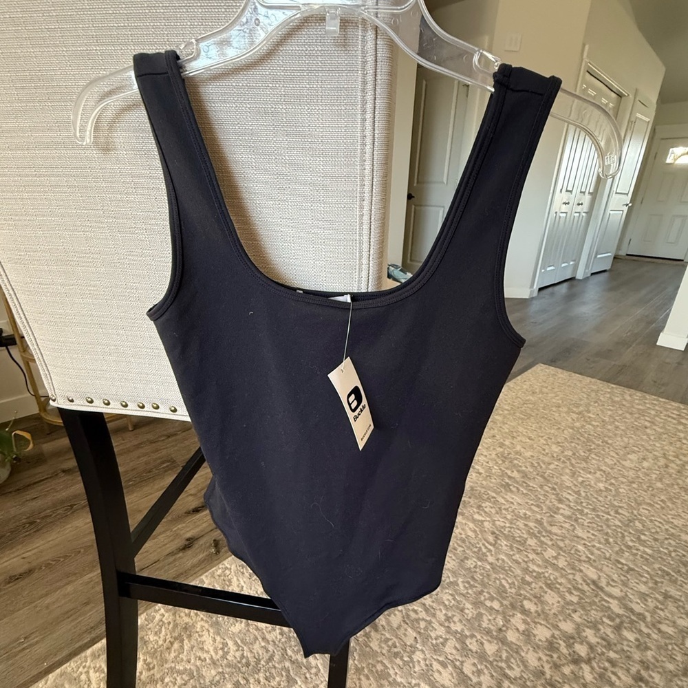 NWT Buckle Black Sleeveless Thong Snap Bodysuit, M
